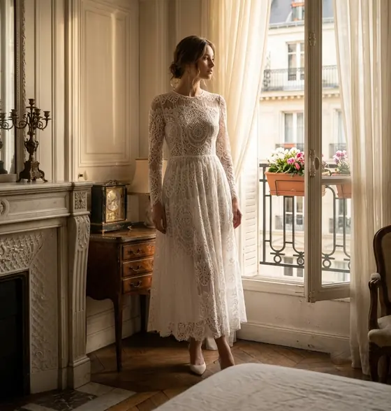 Dress styled in nylon-cotton lace (styling reference)