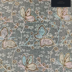 Sequin Lace, Apricot Ground Pink Blue Butterfly Gold — VL-SQ-0125