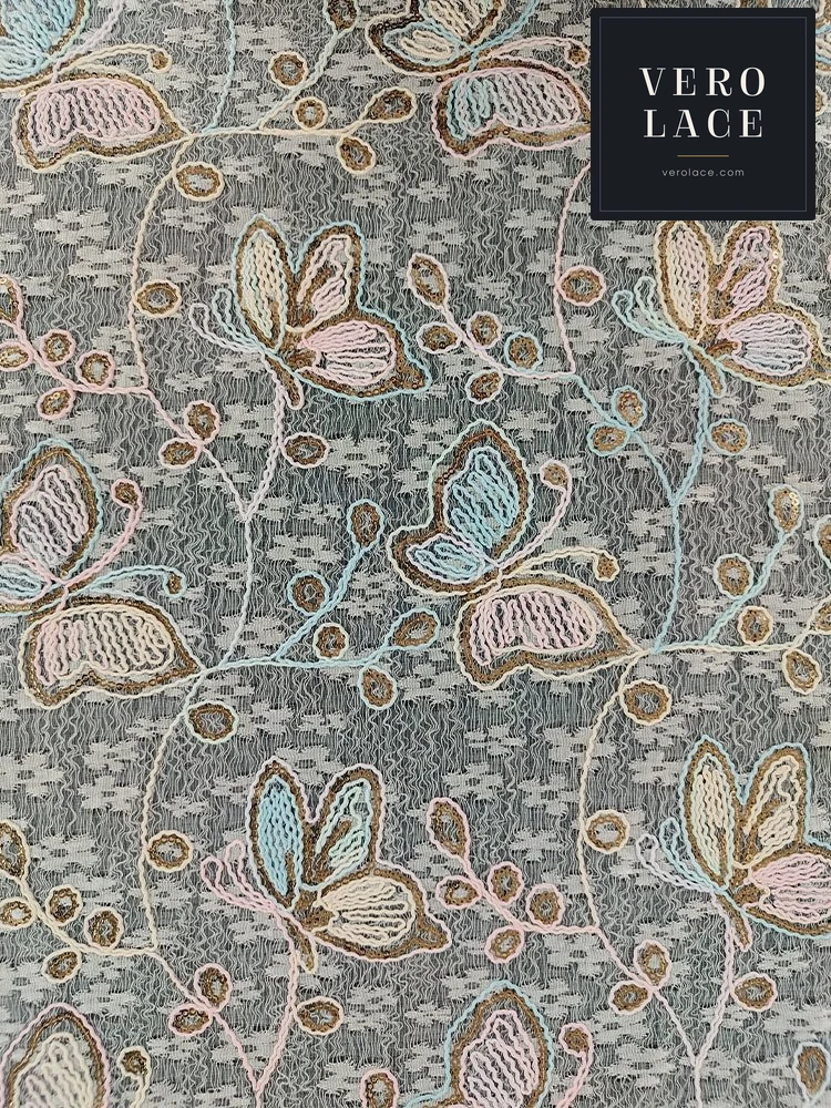 Sequin Lace, Apricot Ground Pink Blue Butterfly Gold — VL-SQ-0125