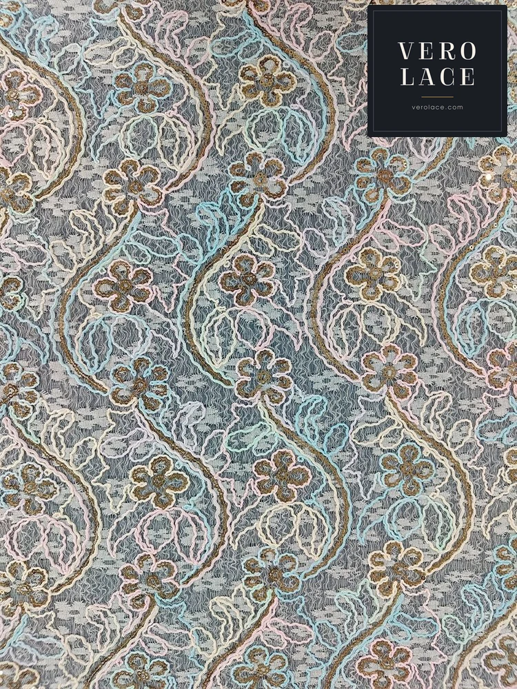 Sequin Lace, Apricot Ground Pink Blue Floral Bloom Gold — VL-SQ-0124