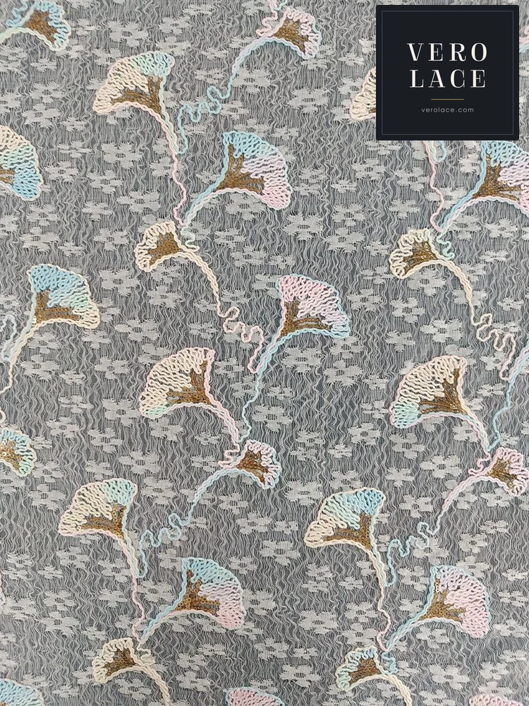 Sequin Lace, Apricot Ground Pink Blue Tree Leaf Gold — VL-SQ-0122