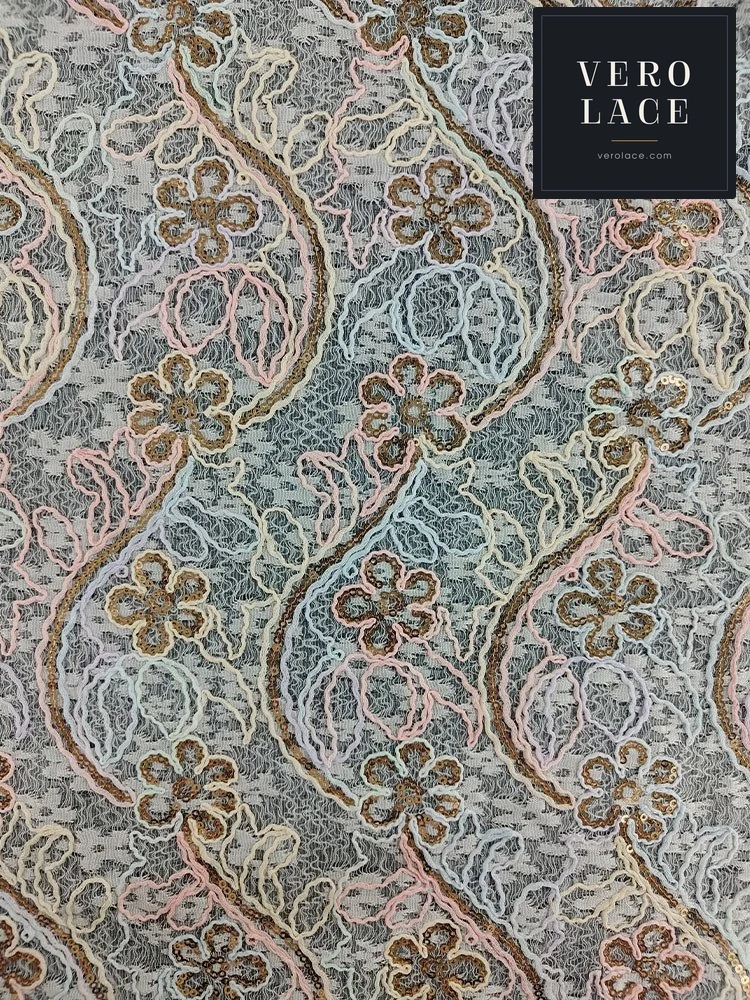 Sequin Lace, Multicolour Embroidery Bloom Gold — VL-SQ-0128