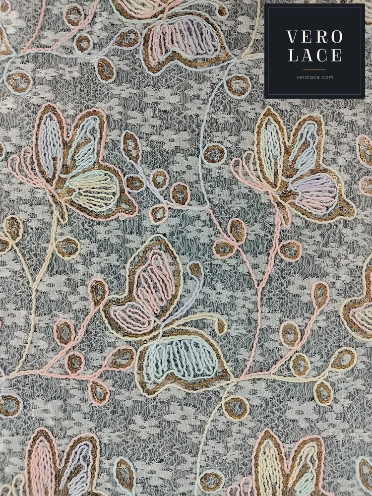 Sequin Lace, Multicolour Embroidery Butterfly Gold — VL-SQ-0129