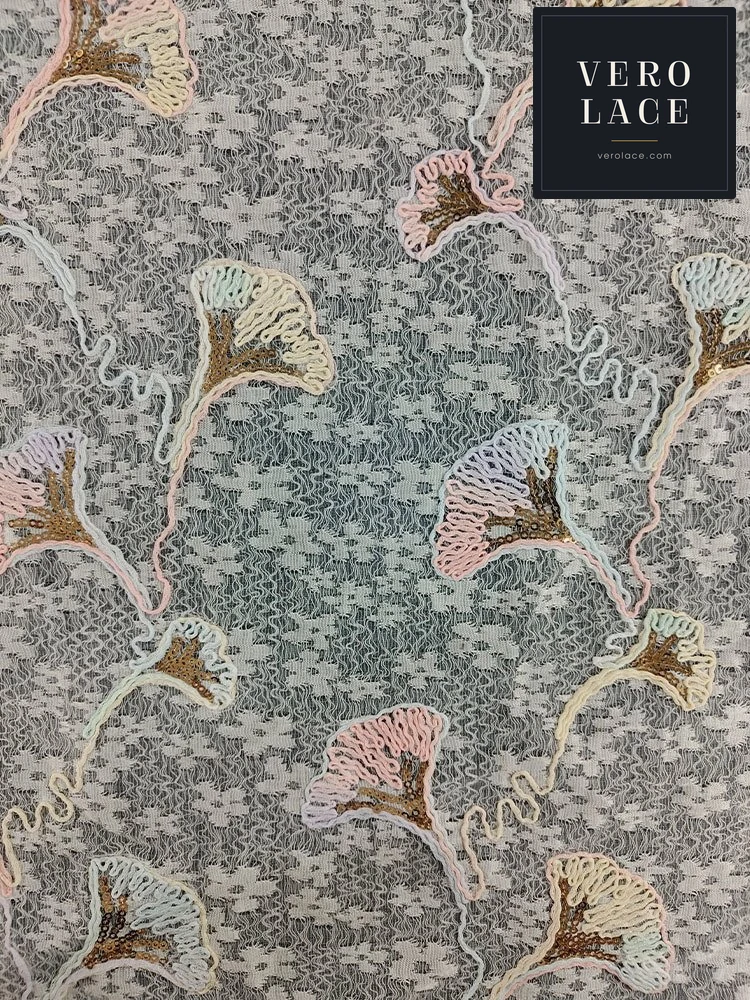 Sequin Lace, Multicolour Embroidery Tree Leaf Gold — VL-SQ-0130