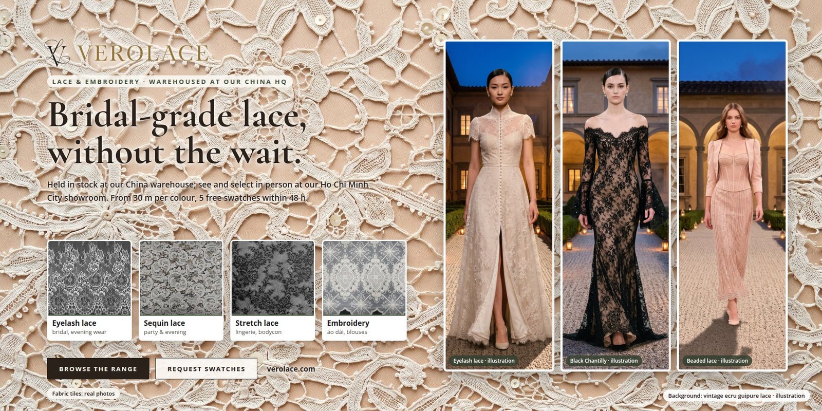 VEROLACE — bridal and womenswear lace: eyelash, sequin, stretch and embroidered lace (real photos), with three runway looks in a palazzo courtyard (illustration)